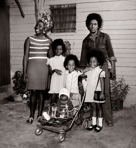 Bob Marley and his wife, Rita, with their children, left to right, Sharon, Ziggy, Cedella, and baby Stephen, Jamaica, circa 1972.