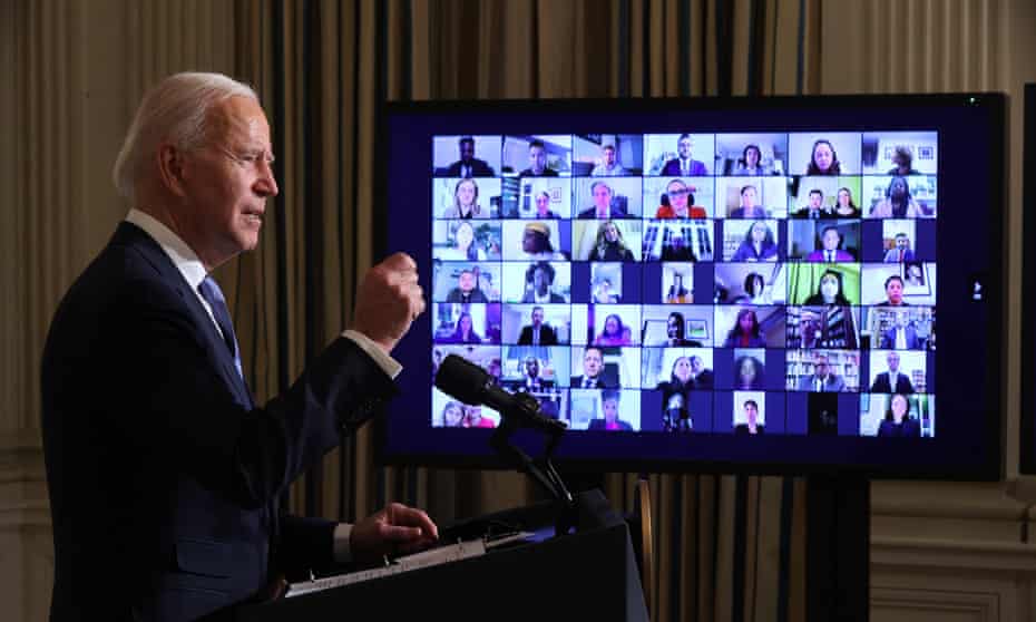 Joe Biden conducts a virtual swearing-in ceremony for members of his new administration at the White House, 20 January 2021.
