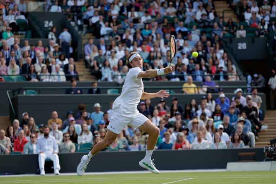 Tsitsipas during day six of the 2022 Wimbledon tennis championships at the All England Lawn Tennis Club on July 2nd 2022 in London, England (Photo by Tom Jenkins)