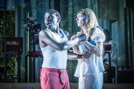 Terique Jarrett and Mary Malone in period costume face each other in dramatic confrontation on stage