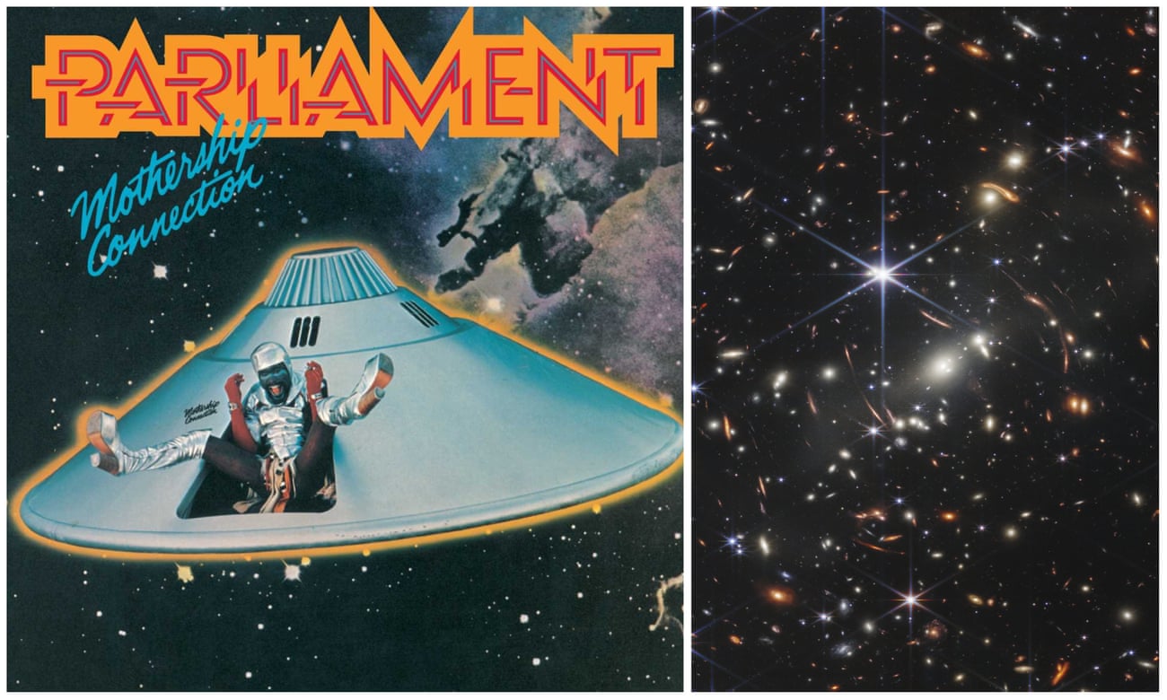 parliament album cover on left shows man outside flying saucer on space background. Next to that image is an image of the starry sky from the Webb telescope