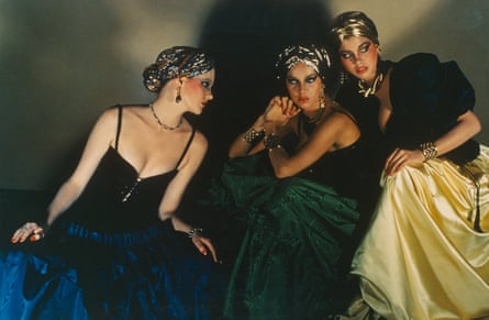 An image of models from the Fall-Winter 1976 haute couture collection, known as “Opéra–Ballets Russes,” Sheraton Hotel, Vogue (Paris), September 1976