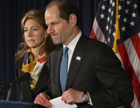 Eliot Spitzer addresses the media with his wife Silda Wall in 2008 to announce his resignation as New York governor after revelations that he had been a client of a prostitution ring.