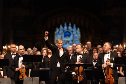 Ukrainian Freedom Orchestra founder and conductor Keri-Lynn Wilson at the St Paul’s concert in London on 18 August.