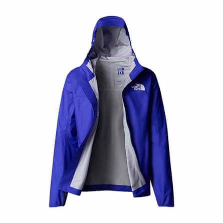 A The North Face Summit Series Men’s Summit Superior Futurelight Jacket. It is unzipped it and has light grey lining and bright blue shell. It has a The North Face logo on the left breast.