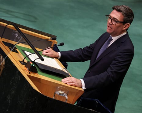 Andy Burnham delivers a speech during the United Nations general assembly.