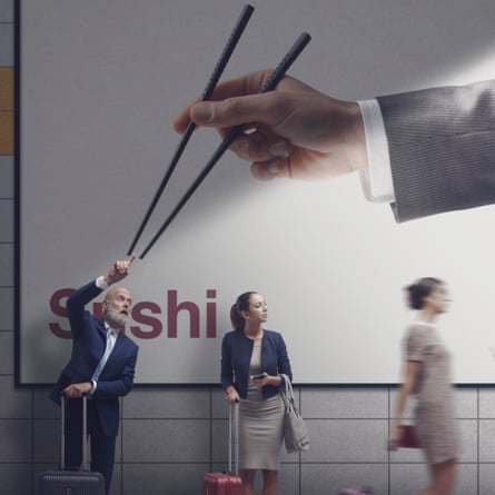 Funny coincidence at the subway stationPerfect funny coincidence photo: man calling a taxi at the subway station and commercial sign in the background with chopsticks picking his finger