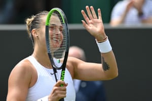 Arina Sabalenka of Belarus celebrates after defeating Elena Rebakina of Kazakhstan.