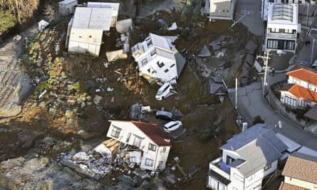 Houses destroyed by an earthquake are seen in Kanazawa, Ishikawa prefecture