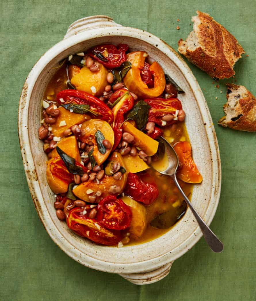 Meera Sodha’s braised squash and borlotti beans with tomatoes and sage.
