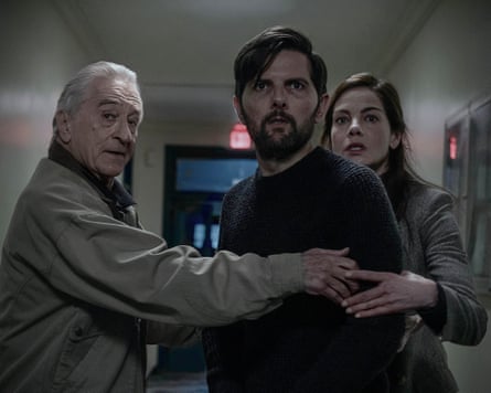 Robert De Niro as Peter Willis, Adam Scott as Tom Kennedy and Michelle Monaghan as Amanda Beck in The Whisper Man.