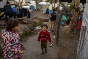 Children in the makeshift camp outside Moria