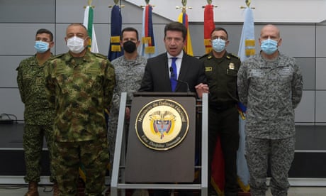 Colombia’s Defense Minister Diego Molano holds a news conference in Bogota<br>Colombia’s Defense Minister Diego Molano holds a news conference to inform about a bombing that left ten former members of Colombian guerrilla group FARC killed in the rural municipality of Calamar, at the headquarters of the Defense Minister in Bogota, Colombia, March 2, 2021. Javier Casella/Courtesy Colombian Defense Minister/Handout via REUTERS ATTENTION EDITORS - THIS IMAGE WAS PROVIDED BY A THIRD PARTY. MANDATORY CREDIT. NO RESALES. NO ARCHIVES