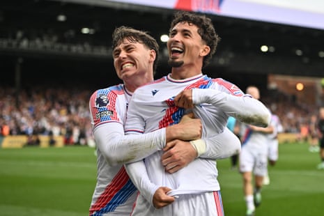 Yéremy Pino gets a bear hug from Jørgen Strand Larsen after scoring Crystal PalaceâÂÂs third goal