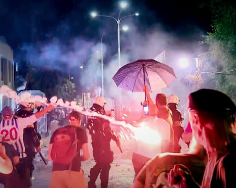 An image taken from video shows fireworks flying as clashes erupted at protests in Vrbas, Serbia.