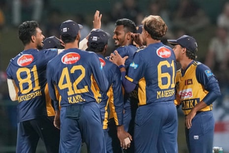 Sri Lanka’s Dushmantha Chameera is mobbed after dismissing Ben Duckett first ball!