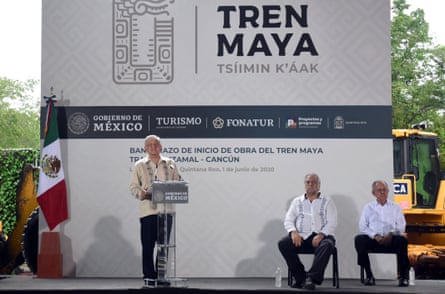 President Andrés Manuel López Obrador at the laying of the first stone of the Maya train, in El Ideal, Quintana Roo State, Mexico, on 1 June 2020.