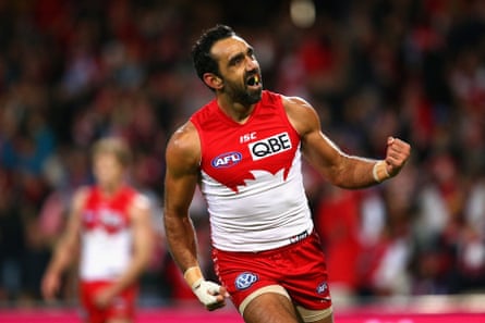Adam Goodes of the Swans celebrates kicking a goal