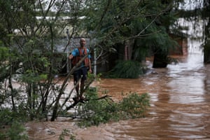 A resident stands on the branches of a tree while waiting for a rescue team during a flood in Eldorado do Sul, Brazil.