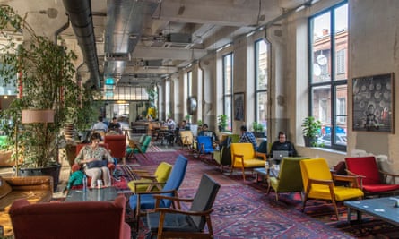 Lounge area of the Fabrika hostel, a converted factory in Tbilisi, Georgia.