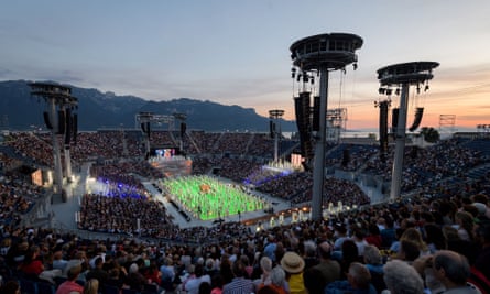 Performers at a stadium, during a rehearsal for the Fête des Vignerons in Vevey, Switzerland