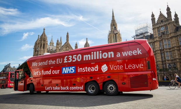 Vote Leave’s campaign bus carrying its claim about increased funding for the NHS.
