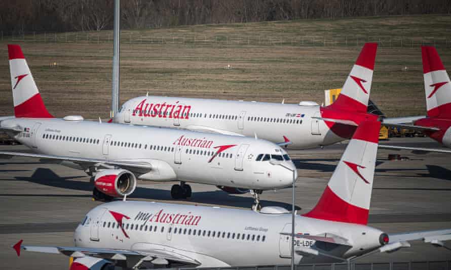 Austrian Airlines airplanes grounded at the Vienna International Airport (VIC) in Schwechat, Austria.