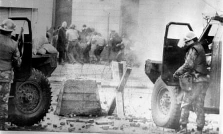 Soldiers use CS gas against rioters in Derry, 30 January 1972.