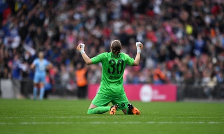 Chelsea goalkeeper Ann-Katrin Berger celebrates their victory