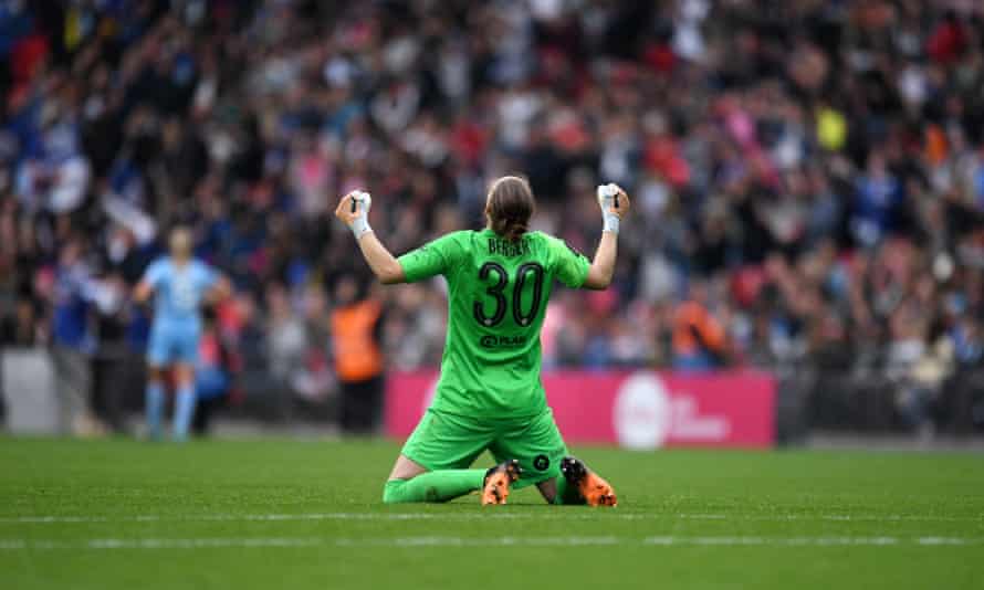 Chelsea goalkeeper Ann-Katrin Berger celebrates their Victory