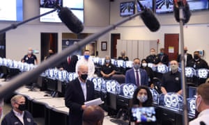 Joe Biden tours Harris County Emergency Operations Center, in Houston, TexasBiden, Texas Governor Greg Abbott and Harris County Judge Lina Hidalgo.