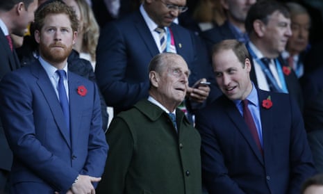 Prince Harry and his brother Prince William with their grandfather the Duke of Edinburgh in 2015. Prince Philip’s funeral will take place at St George’s chapel, Windsor Castle, on Saturday.