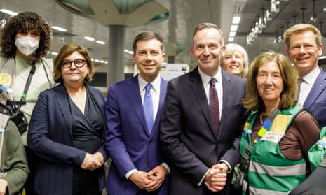 Pete Buttigieg (third on left), with Adina Vălean, EU commissioner for Transport (second left), the FDP’s Volker Wissing (third from right) and Richard Lutz of Deutsche Bahn at Berlin Hauptbahnhof