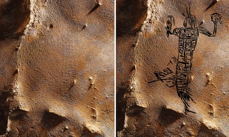 Anthropomorph in regalia (1.81m tall) from 19th Unnamed Cave, Alabama. Photograph (left) and researcher sketch (right).
