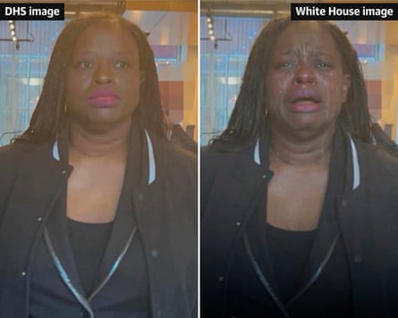 An image of Nekima Levy Armstrong posted by Kristi Noem (left) and a manipulated image of her posted by the White House.