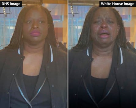 A composite showing an image of Nekima Levy Armstrong posted by Kristi Noem, left, and a manipulated image of her posted by the White House, right.