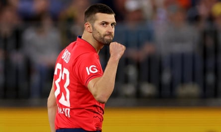 Mark Wood celebrates during England's recent T20 win over Australia in Perth