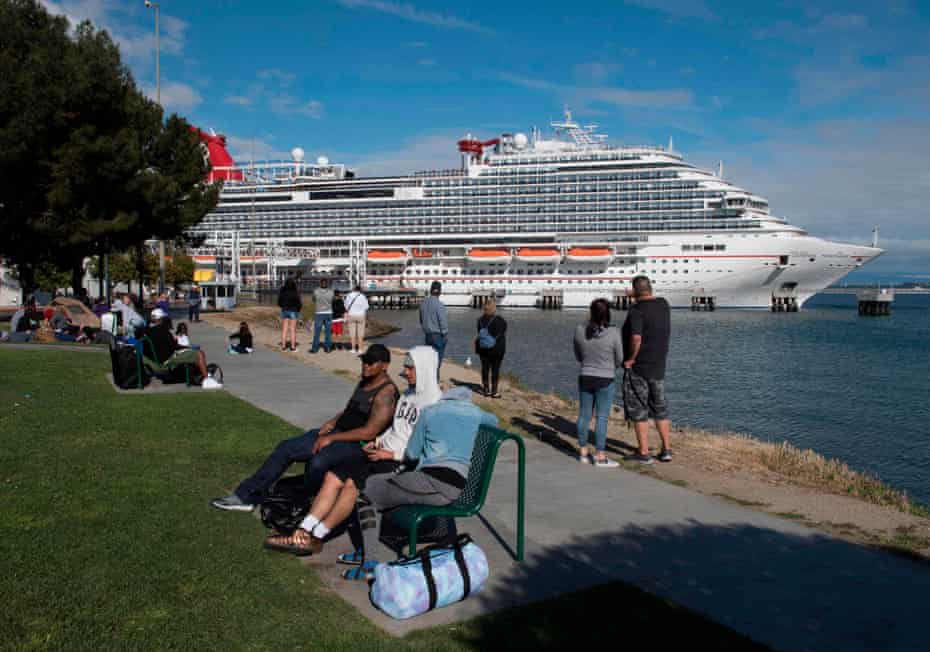 The Carnival Panorama cruise ship is docked in Long Beach, California, as passengers wait to board the next cruise on 7 March 2020.