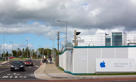 An Apple logo on hoarding boards outside the company’s campus in Cork, Ireland.