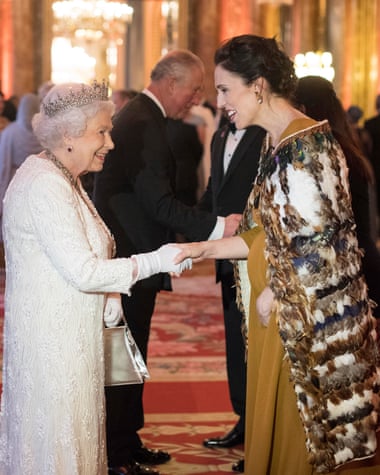 Queen Elizabeth greets Jacinda Ardern, New Zealand’s prime minister, in the Blue Drawing Room at Buckingham Palace in 2018.
