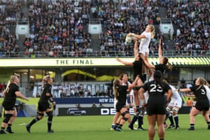 England’s Alex Matthews wins the line-out during the New Zealand 2021 Womens Rugby World Cup final.