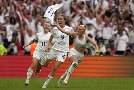 England’s Chloe Kelly, right, celebrates after scoring her side’s second goal during the Women’s Euro 2022 final soccer match between England and Germany at Wembley stadium in London on 31 July