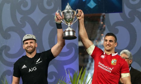 Kieran Read and Sam Warburton lift the series trophy after the drawn final Test between New Zealand and the British & Irish Lions in 2017.
