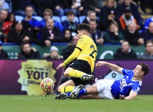 Chelsea’s Kai Havertz is felled by Leicester’s Jonny Evans.