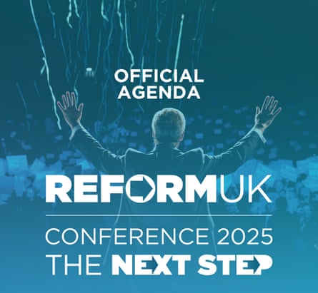 Reform UK Conference 2025 Agenda front page with Nigel Farage greeting crowds