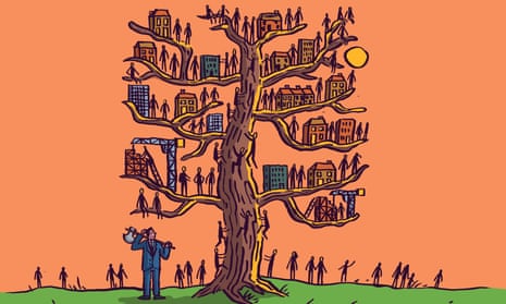 Puzzled man with an axe on his shoulder looks at a tree with buildings and people on every branch
