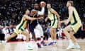 LeBron James drives to the basket against Australia in their Olympic basketball warmup
