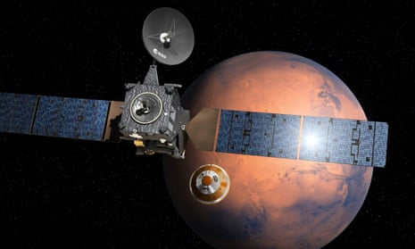 Artist’s impression of the Mars-bound Schiaparelli probe (centre) separating from the Trace Gas Orbiter.
