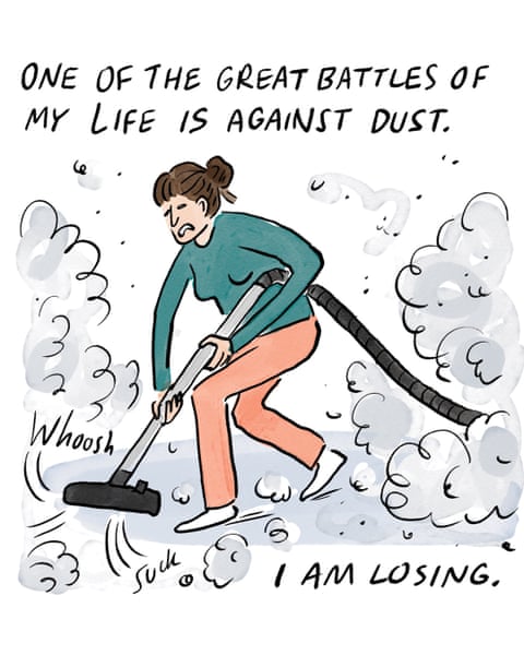 A series of cartoon images of a woman trying to tackle dust in her home., panel 1