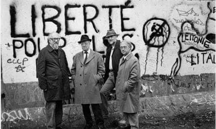Anthony Price, right, with fellow crime writers Julian Symons, Eric Ambler and Reginald Hill on a visit to Checkpoint Charlie, Berlin, in 1987.